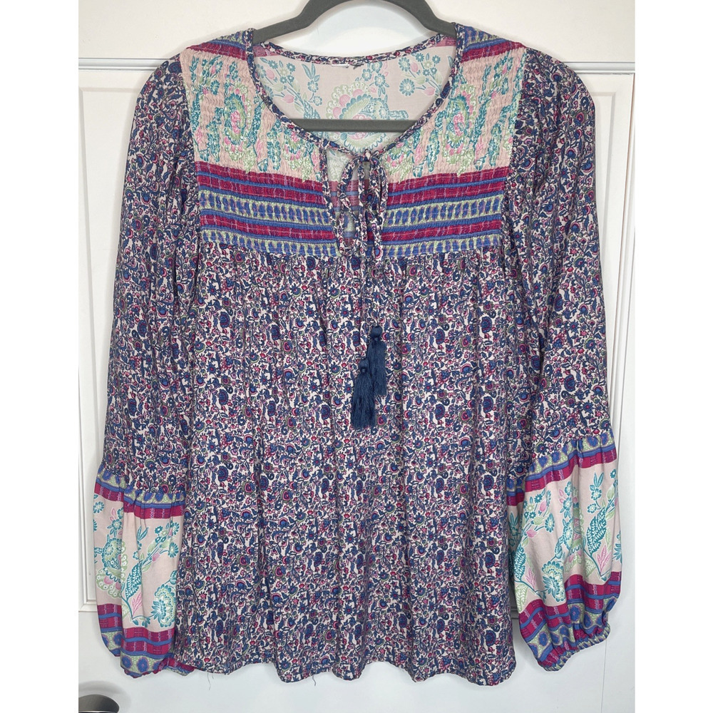 Grace + Karma Women's Boho Smocked Floral Blouse Top Sz L Peasant Colorful